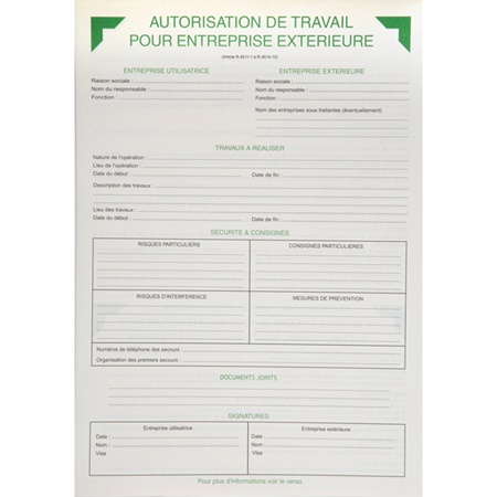 Liasse de 50 formulaires (2ex) d'autorisation de travail - format A4