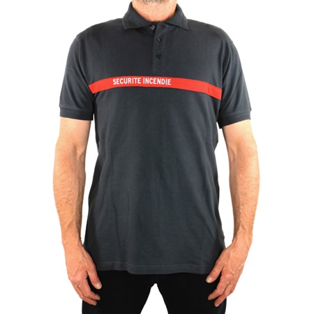 Polo anthracite bande rouge brodée SECURITE INCENDIE -  Taille XL