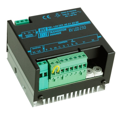 Gradateur 250W pour LED format rail DIN 5 modules, O-10V ou poussoir