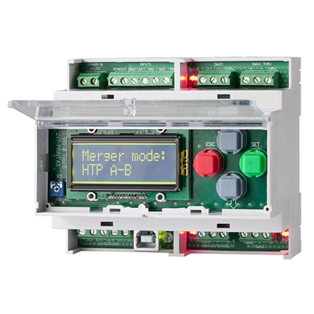 Mergeur DMX 2 entrées 1 sortie sur rail DIN SRS Lighting