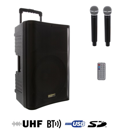 Sono portable 12'' 100W RMS avec 2 micros HF, bluetooth, USB et SD