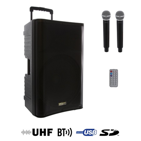 Sono portable 15'' 100W RMS avec 2 micros HF, bluetooth, USB et SD