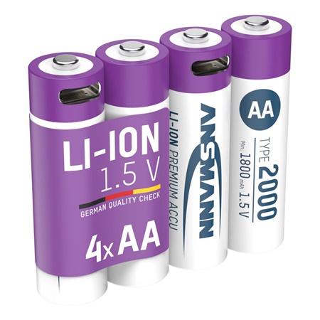 Lot de 4 piles AA LR06 rechargeables en USB-C Ansmann - 2000 mAh
