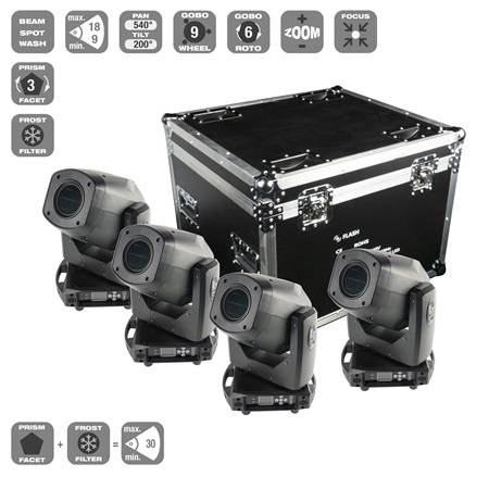 Pack de 4 spots led Flash 120W zoom 9° à 18° + flight-case