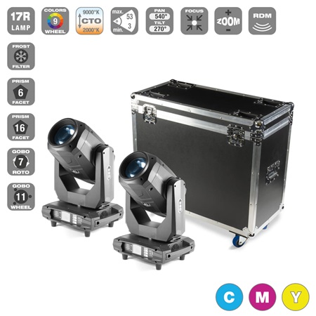 Pack de 2 lyres hybrides CMY 17R Flash zoom 3° à 53° + Flight case