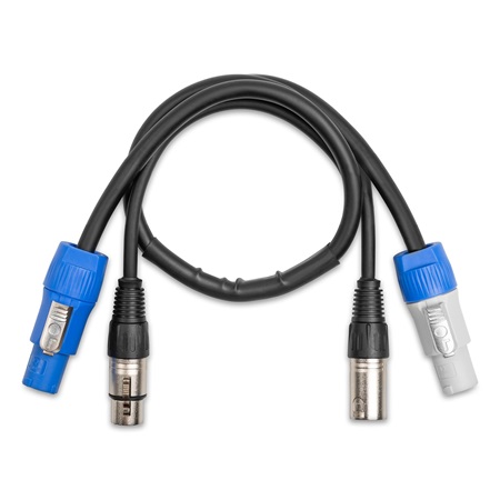 Cordon hybride type Powercon (bleu/blanc) + DMX 3pts - longueur 0,5m