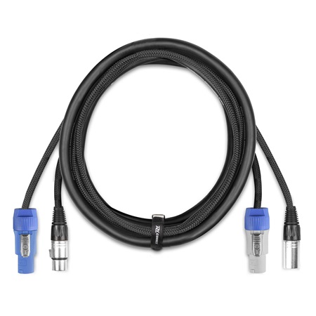 Cordon hybride type Powercon (bleu/blanc) + DMX 3pts - longueur 2m