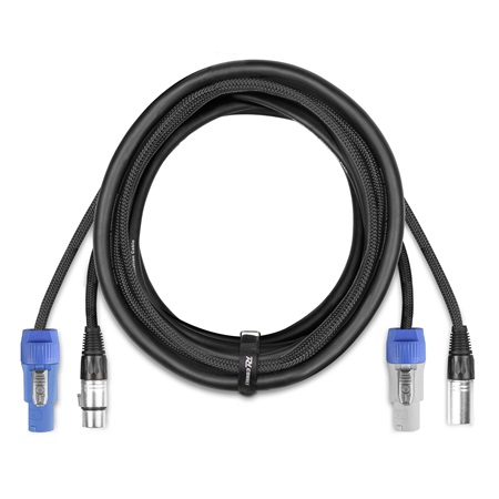 Cordon hybride type Powercon (bleu/blanc) + DMX 3pts - longueur 5m