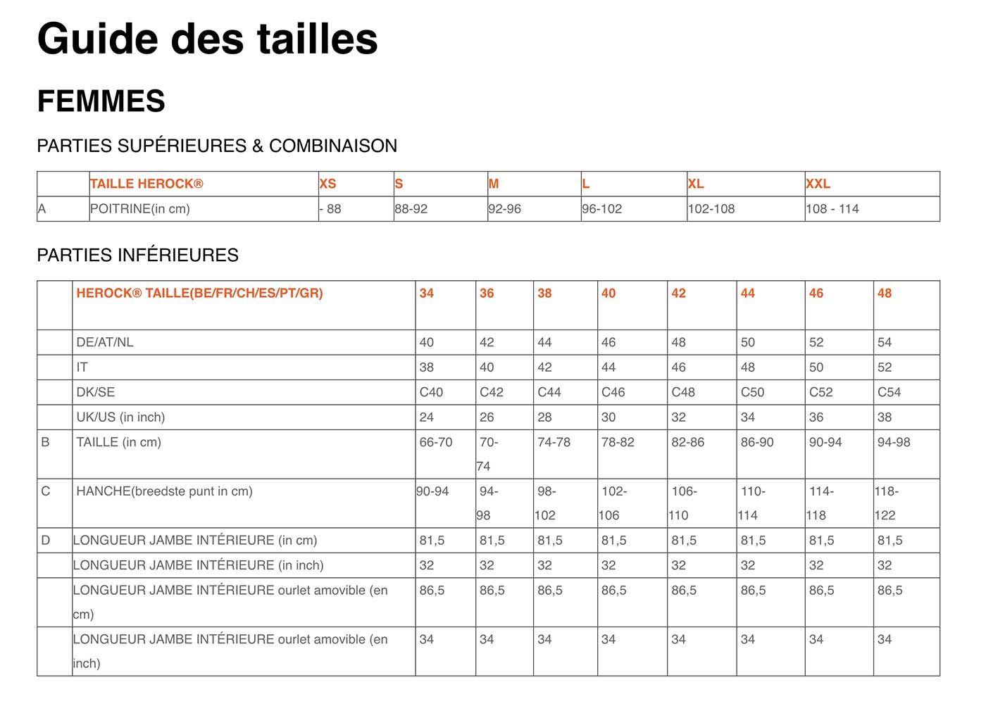tailles femmes Herock pantalons